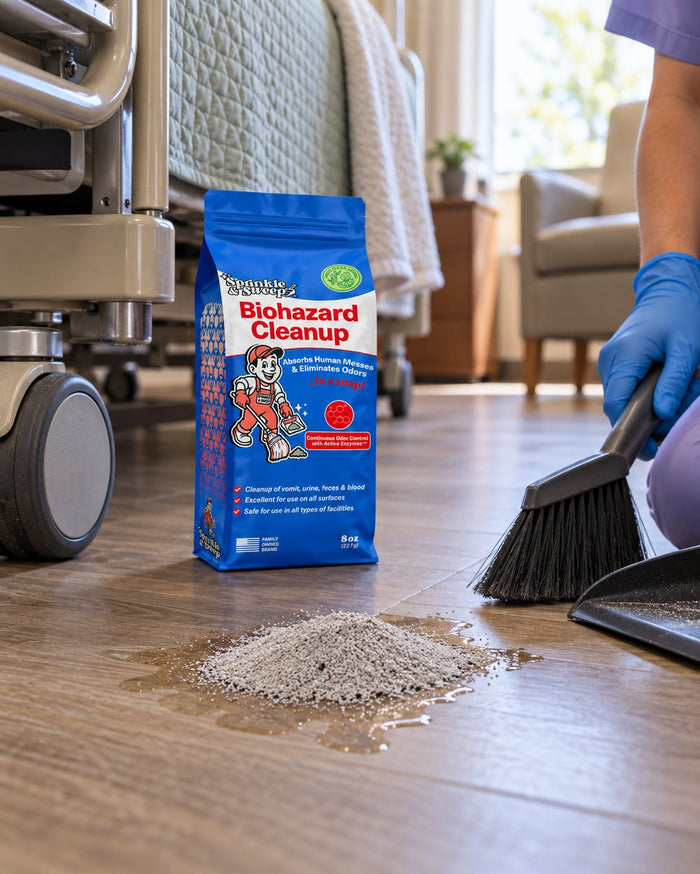 Caregiver sweeping up a spill in an assisted-living resident room