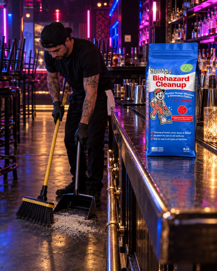 Bar staff sweeping up a spill in a nightclub hallway