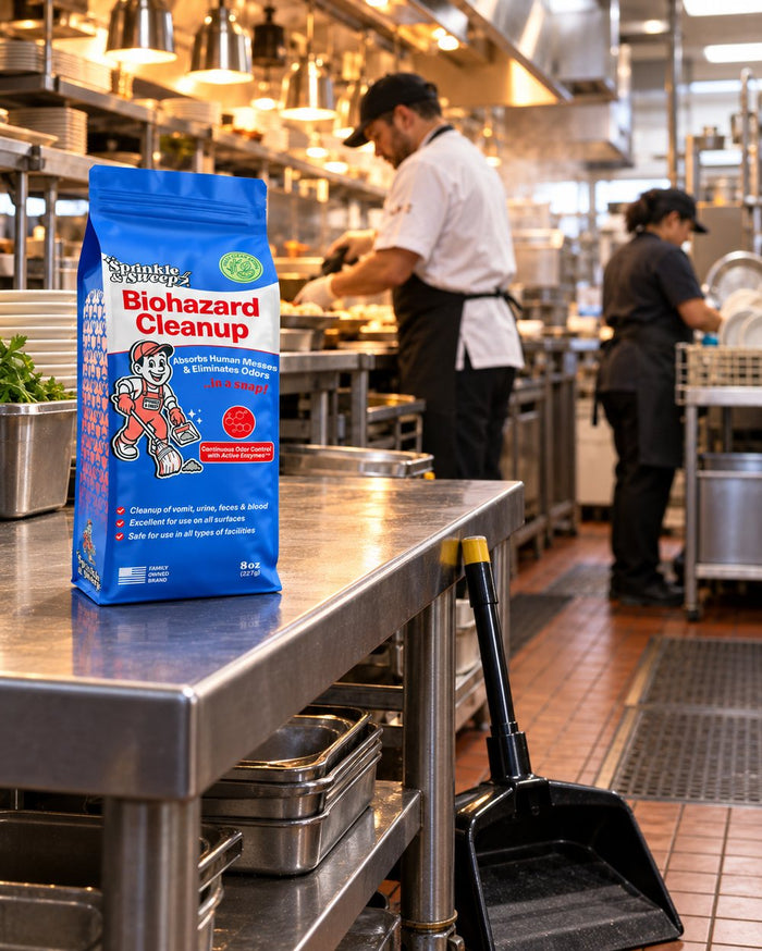 Restaurant server sweeping up a spill in the dining room