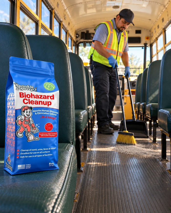 Transit worker sweeping up a spill in a school bus aisle
