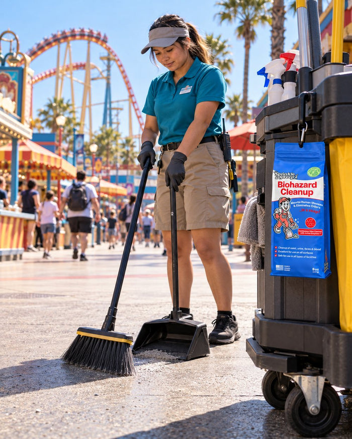 Theme park staff sweeping up a spill on a walkway
